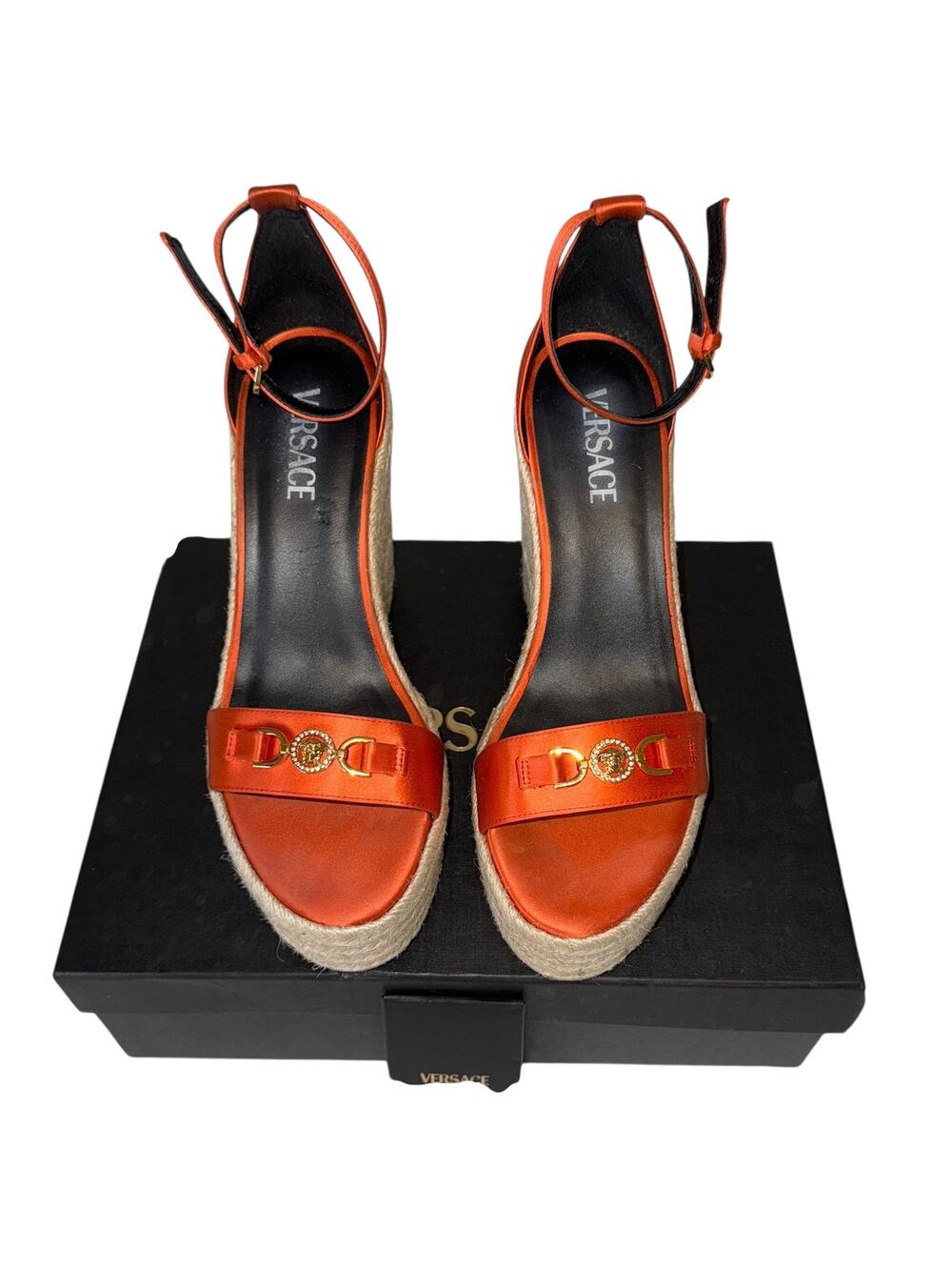 Versace Medusa Satin Espadrille Platform Wedge Sandals Coral Orange 41